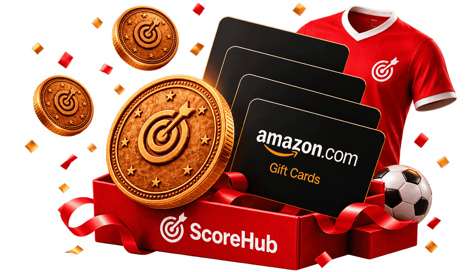 ScoreHub rewards including tokens, gift cards and a football jersey