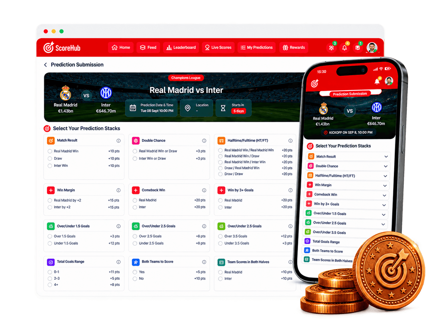 ScoreHub prediction submission on desktop and mobile